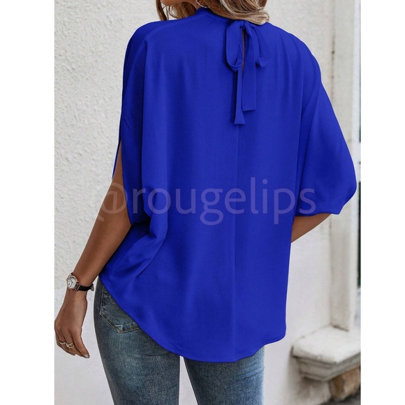 Royal Blue Blouse Top Flowy, High Neck - Picture 4 of 11